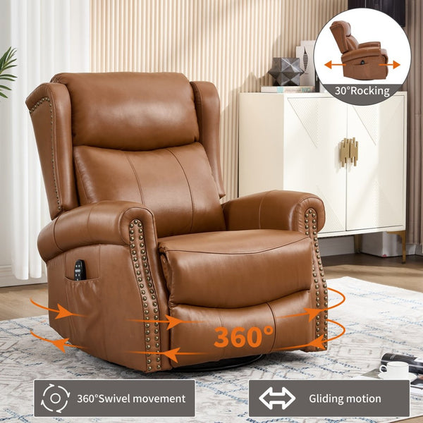 English Elm Heat Massage Swivel Rocker Recliner in Genuine Leather for Living Room Comfort W3224S00015