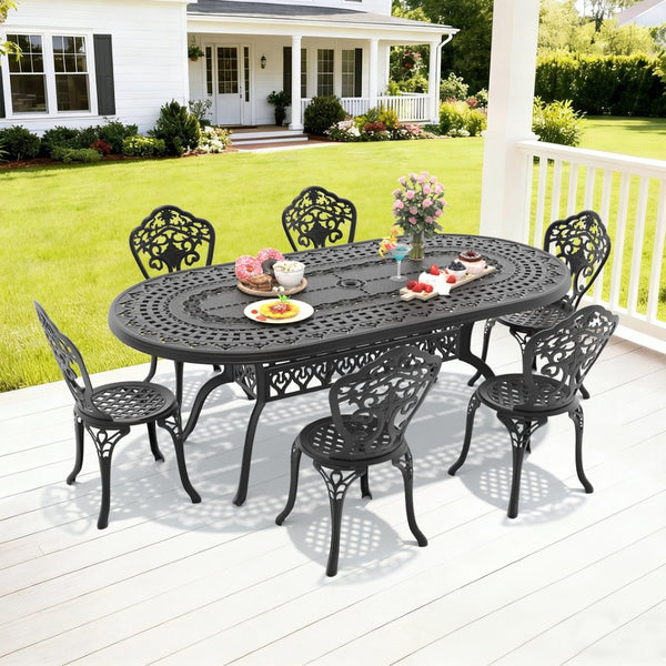 English Elm 7-piece Cast Aluminum Outdoor Dining Set Ornate Relief Patio Furniture Weather Resistant W1710S00532