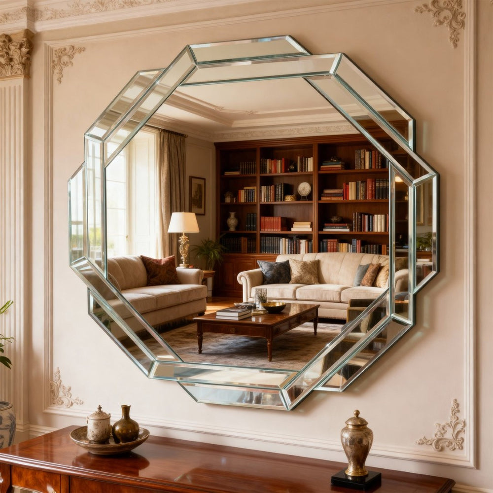 English Elm 29.92 Inch Octagonal Frameless Wall Mirror Beveled Glass for Hallway or Dining Room W1445P370441