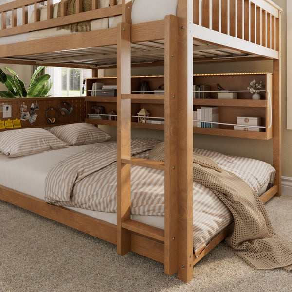 English Elm Full Over Bunk Bed with Led Lighting Pegboard Shelving and Pine Wood Frame Brown LT000278AAP