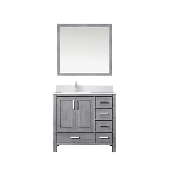 English Elm Distressed Grey Bath Vanity Set With Left Offset Cultured Marble Top, Mirror & Faucet Included! B2731S01332
