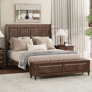 English Elm Queen Sleigh Bed Solid Rubberwood Walnut Finish Curved Headboard Footboard Storage Bench W1716S00034