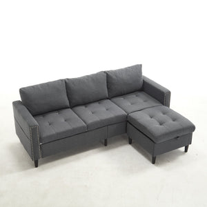 English Elm Small L-Shaped Sofa with Storage Ottoman and Side Pockets, Velvet 3-Seat Space-Saving Couch Dark Gray W2705P255386