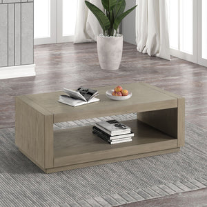 English Elm 3pc Modern Living Room Table Set with Open Bottom Shelf and Plinth Base in Medium Finish, Stylish centerpiece for seating areas Natural 48 L x 28 W x 12 H B2741S00654
