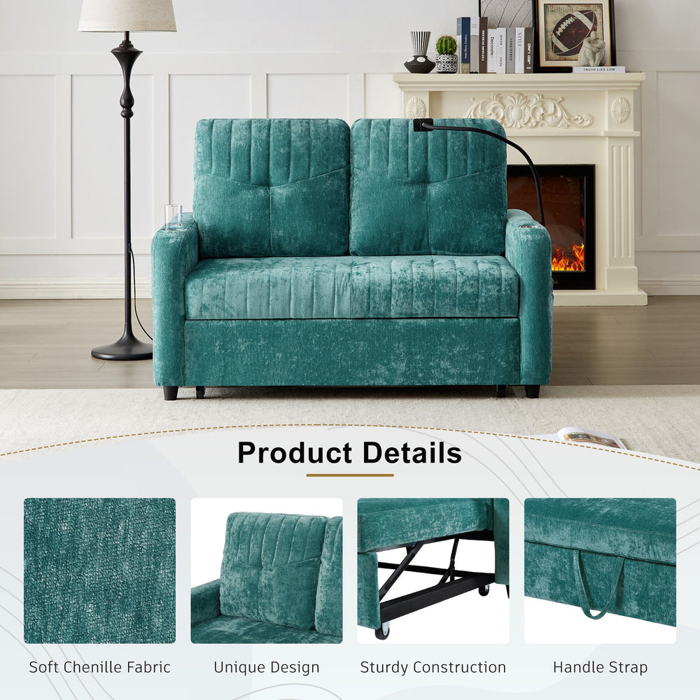 English Elm 53.9" Modern Loveseat Pull-Out Sofa Bed with Adjustable Backrest, Cup Holders, USB Charging Ports & Storage Teal N719S001650T