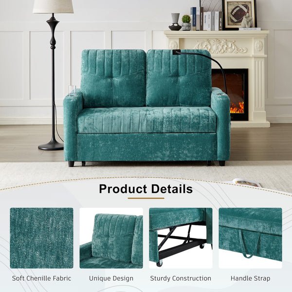 English Elm 53.9" Modern Loveseat Pull-Out Sofa Bed with Adjustable Backrest, Cup Holders, USB Charging Ports & Storage Teal N719S001650T
