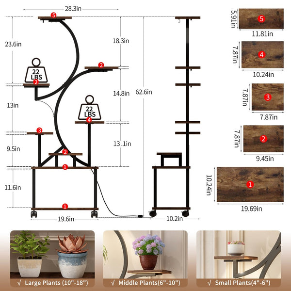 English Elm Plant Stand with Full Spectrum Grow Lights 8 Tier S Shaped Iron Corner Display Rack Black+Brown W2641P446499