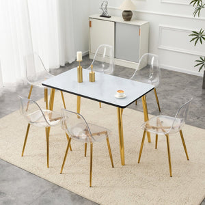 English Elm Table and Chair Set Marble Effect Glass Top Gold Legs Acrylic Seating for Six Black,Transparent,White+Gold W1151S04655