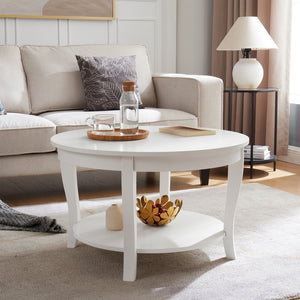 English Elm Traditional Round Coffee Table with Open Shelf, 2-Tier Solid Wood Accent Table for Small Spaces White W1693P216918