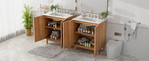 English Elm Modern 48 Inch Freestanding Bathroom Vanity Dual Ceramic Sinks Soft Close Gold Handles N729P000012O