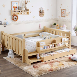 English Elm Twin Kids Platform Bed with Trundle Staircase Bookshelf and Rounded Safety Rails Light Natural W1580S00541