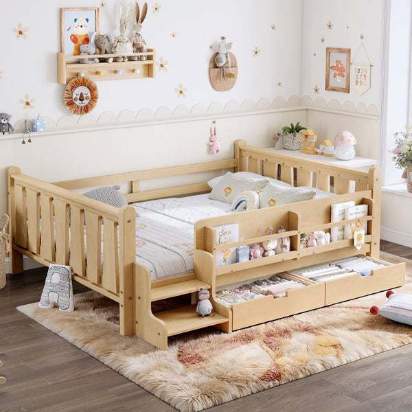 English Elm Twin Kids Platform Bed with Trundle Staircase Bookshelf and Rounded Safety Rails Light Natural W1580S00541