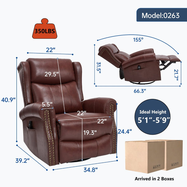 English Elm Heat Massage Rocker Swivel Recliner Genuine Leather Chair with Lumbar Vibration Nodes W3224S00014
