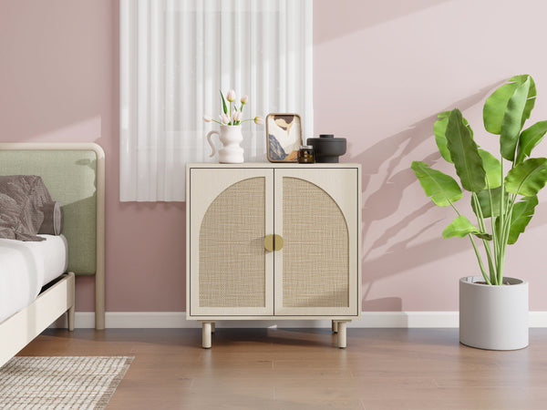 English Elm 2 Door Cabinet with Engineered Rattan Finish, Adjustable Shelves, Metal Semi-Circle Handles, Compact Storage Solution Natural W688134370