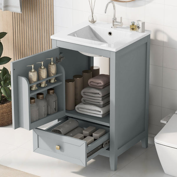 English Elm 20" Compact Bathroom Vanity Grey Mdf Cabinet Ceramic Sink Soft Close Storage N725P351851E