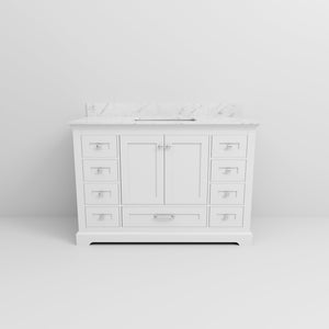 English Elm White Single Bath Vanity 48 in. W x 22 in. D with Carrara Marble Top, Solid Wood, Soft-Close Drawers B2731P258204