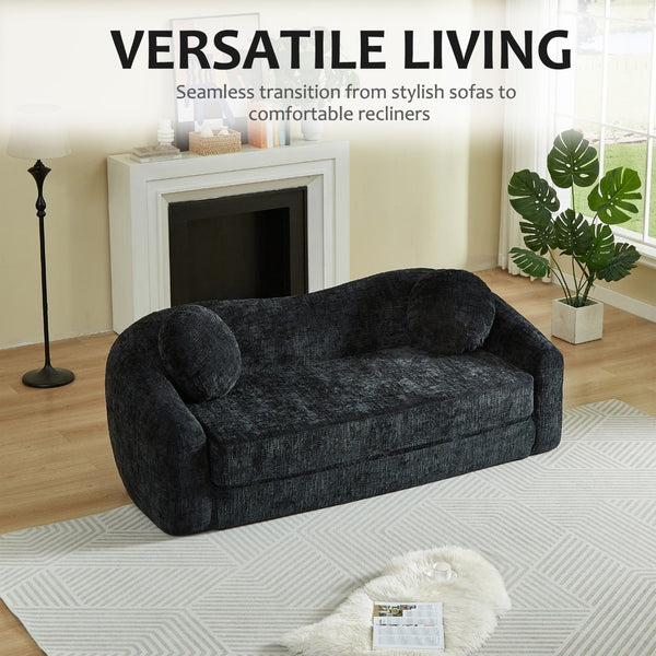 English Elm 86-inch Curved Chenille Convertible Sofa Recliner Frameless Folding Two-seater for Living Room Black W3505P452820