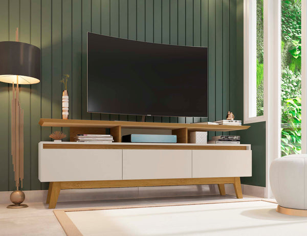 English Elm Yonkers 71" TV Stand Off White & Natural—65" Ready, 3 Flip-Down Doors, Open Shelves, Cable Management B365P398393