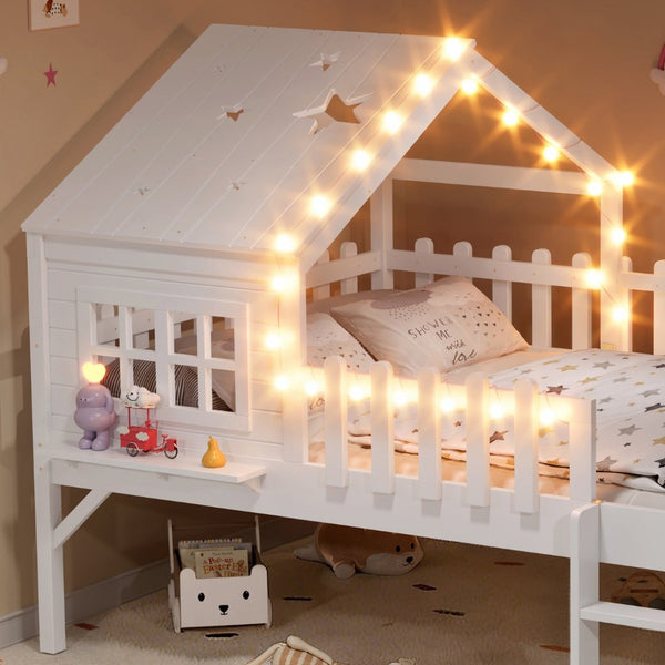 English Elm Twin Playhouse Loft Bed Solid Pine Frame with Slide Led Lights and Star Roof White W5316S00004