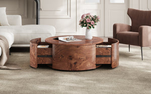 English Elm Burl Veneer Round Coffee Table Swivel Top Two Drawers Walnut Living Room N735P387206D