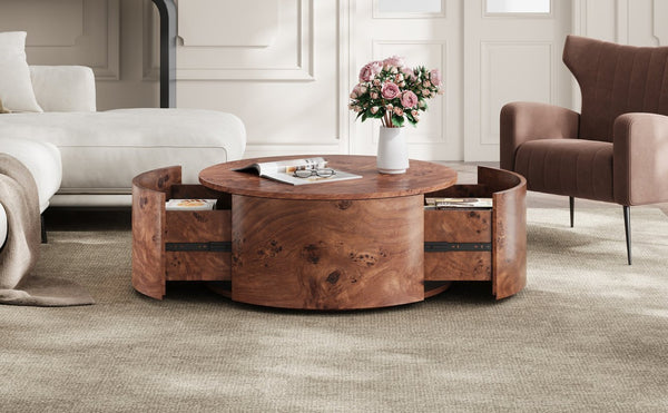 English Elm Burl Veneer Round Coffee Table Swivel Top Two Drawers Walnut Living Room N735P387206D