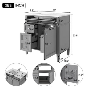 English Elm 30'' Modern Bathroom Vanity with Integrated Mirror Cabinet, Ceramic Sink, 3 Drawers & Ample Storage Grey SW000126AAE-1