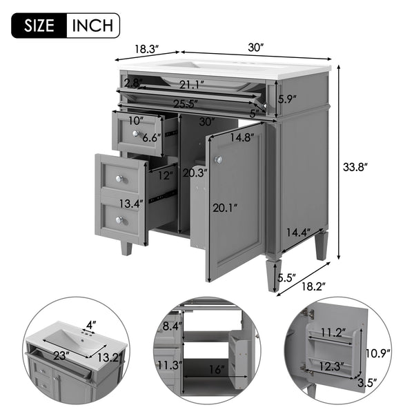 English Elm 30'' Modern Bathroom Vanity with Integrated Mirror Cabinet, Ceramic Sink, 3 Drawers & Ample Storage Grey SW000126AAE-1