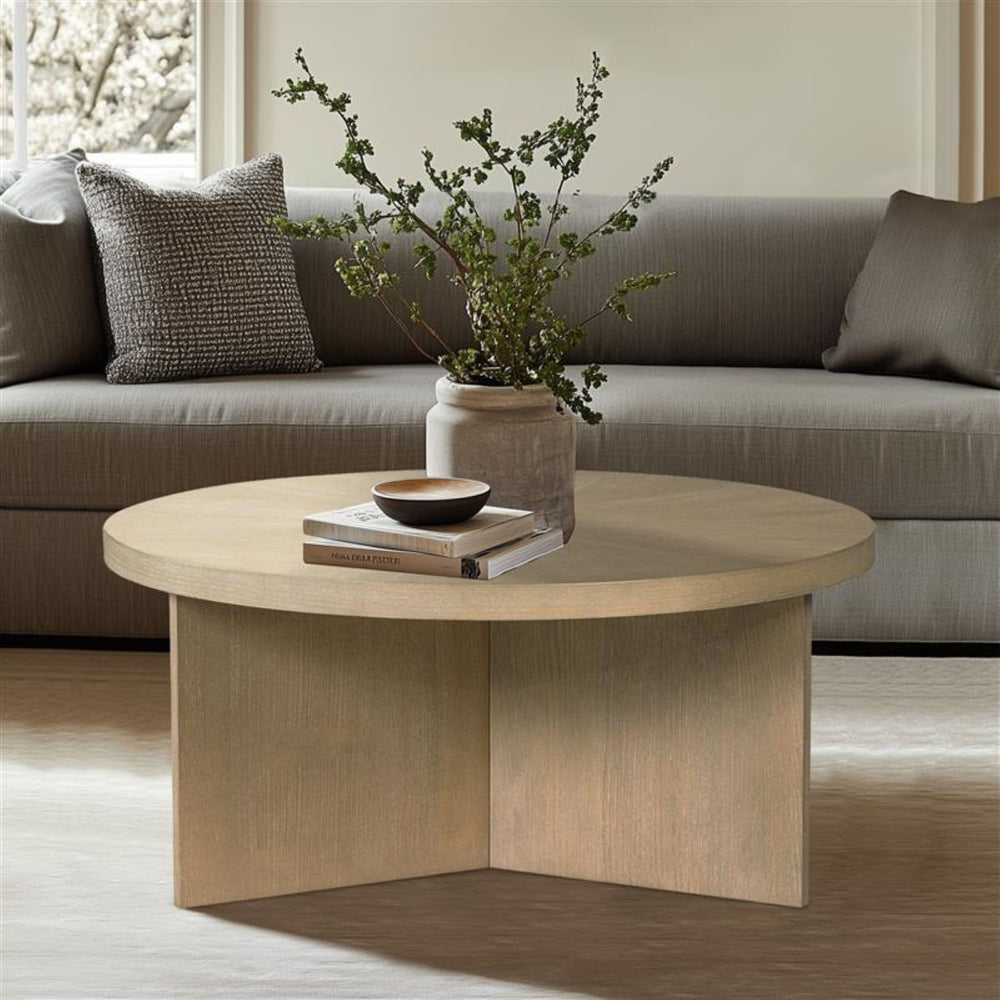 JLA Home Martha Stewart - Round reclaimed greige wood coffee table with starburst veneer top, modern minimalist centerpiece MT120-0180