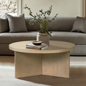 JLA Home Martha Stewart - Round reclaimed greige wood coffee table with starburst veneer top, modern minimalist centerpiece MT120-0180