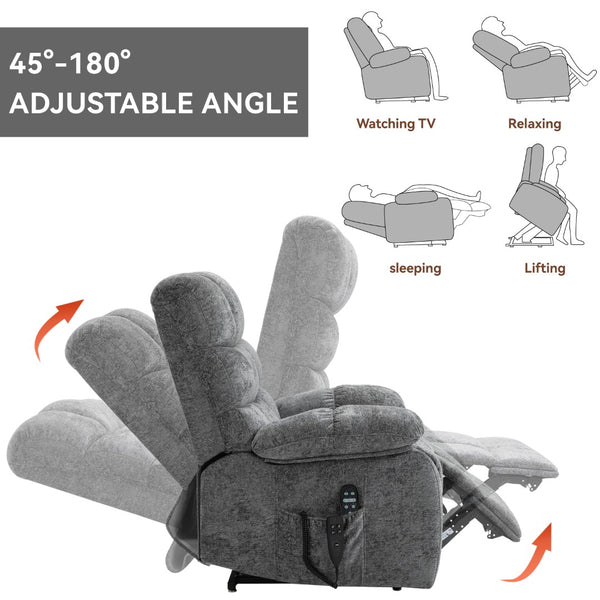 English Elm Lift Power Recliner Chenille Chair Dual Motor Massage Heat 350 Lb Capacity Living Room Grey W3224P288618
