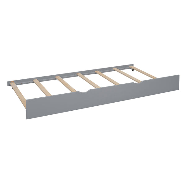 English Elm Wooden Full Size House Bed with Trundle and Built-In Shelves — Modern Pine Frame, Whimsical Roof Design Gray 57.2 L x 16.25 W x 5.9 H N733S316125E