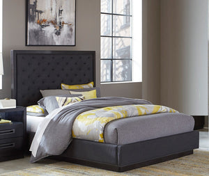 English Elm Modern Tufted Upholstered Queen Bed Nailhead Trim Tall Headboard Charcoal Fabric B011S01026