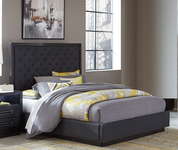 English Elm Modern Tufted Upholstered Queen Bed Nailhead Trim Tall Headboard Charcoal Fabric B011S01026