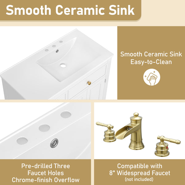 English Elm Christopher Knight Home® - 36" Freestanding 36-inch Modern Bathroom Vanity with Ceramic Sink, Ample Storage, Solid Legs, Durable Finish White N759P284623K