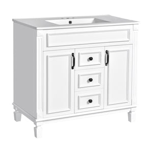 English Elm 36'' Bathroom Vanity with Sink and Mirror Cabinet, Modern MDF & Solid Wood Design, Ceramic Top, Soft-Close Doors White SW000115AAK-1