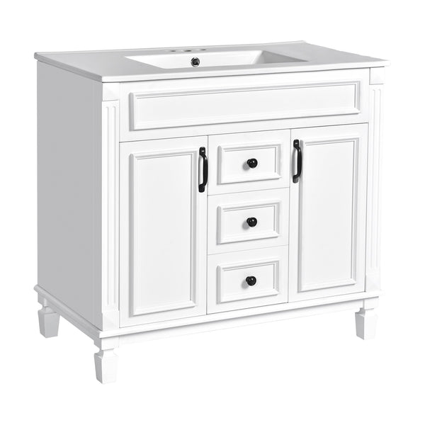 English Elm 36'' Bathroom Vanity with Sink and Mirror Cabinet, Modern MDF & Solid Wood Design, Ceramic Top, Soft-Close Doors White SW000115AAK-1
