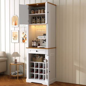 English Elm Bar Cabinet Farmhouse 69 Inch with Rgb Led Barn Door Wine Rack and Charging Station White N728P438603W