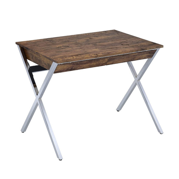 English Elm Rectangular Writing Desk With 2 Drawers, Weathered Oak Top & Chrome "X" Legs For Modern Spaces B016P311328-GIGA