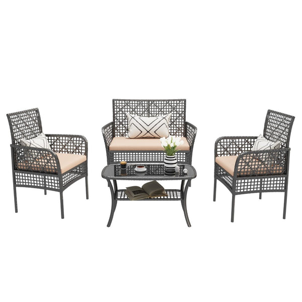 English Elm 4 Piece Outdoor Pe Rattan Wicker Conversation Set with Tempered Glass Coffee Table Beige W2071P296910