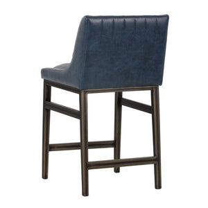 Sunpan Halden Urban Bar Stool with Bold Channel Tufting and Rustic Bronze Steel Frame for Stylish Spaces Vintage Blue