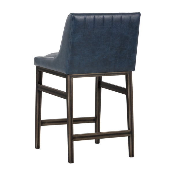 Sunpan Halden Urban Bar Stool with Bold Channel Tufting and Rustic Bronze Steel Frame for Stylish Spaces Vintage Blue