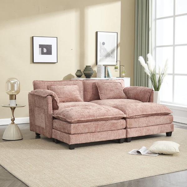 English Elm United Cozy Chenille Two-Seat Sofa With Detachable Armrests, Footstools, And Side Pockets For Comfort W1568S00139-GIGA