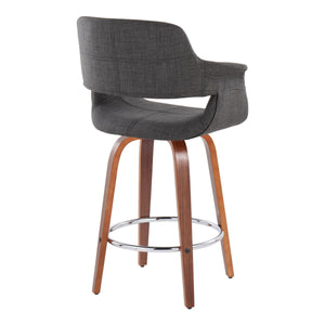 English Elm Vintage 26" Flair Mid-Century Counter Stool Set of 2 — Walnut Wood Legs, Charcoal Fabric, Swivel & Chrome Footrest (Fixed Height) B202S00460