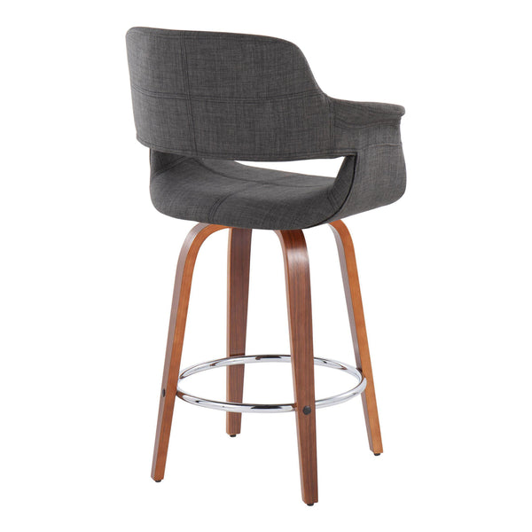 English Elm Vintage 26" Flair Mid-Century Counter Stool Set of 2 — Walnut Wood Legs, Charcoal Fabric, Swivel & Chrome Footrest (Fixed Height) B202S00460