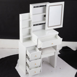 English Elm 29.2" Compact Vanity Set With Touch-Control Led Mirror, Stylish Stool & Ample Storage For Small Spaces W936P226033