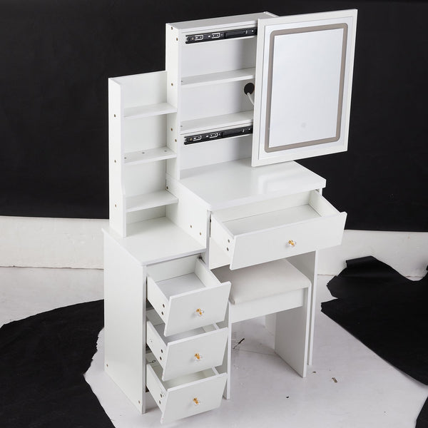 English Elm 29.2" Compact Vanity Set With Touch-Control Led Mirror, Stylish Stool & Ample Storage For Small Spaces W936P226033