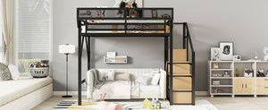 English Elm Full Size Loft Bed With Stairs & Storage Shelves - Stylish Metal Bed For Kids & Teens, Black Finish W2580S00029