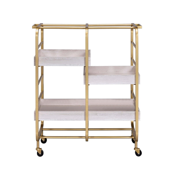 English Elm Gold Gold and White Washed Serving Cart with Industrial Frame, 3 Adjustable Trays, Smooth Casters for Entertaining and Durable Mobility B062P186560