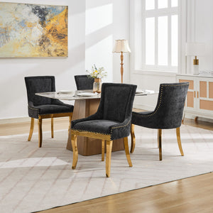 English Elm Chenille Modern Dining Chair with Curved Gold-Plated Legs, Rivet Trim, Textured Upholstery Comfort Black W1143P332685