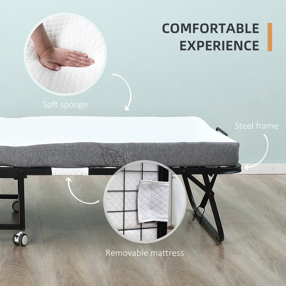 English Elm HOMCOM Foldaway Guest Bed with 4" Foam Mattress, Steel Frame on Locking Wheels, Space-Saving W2225P200758